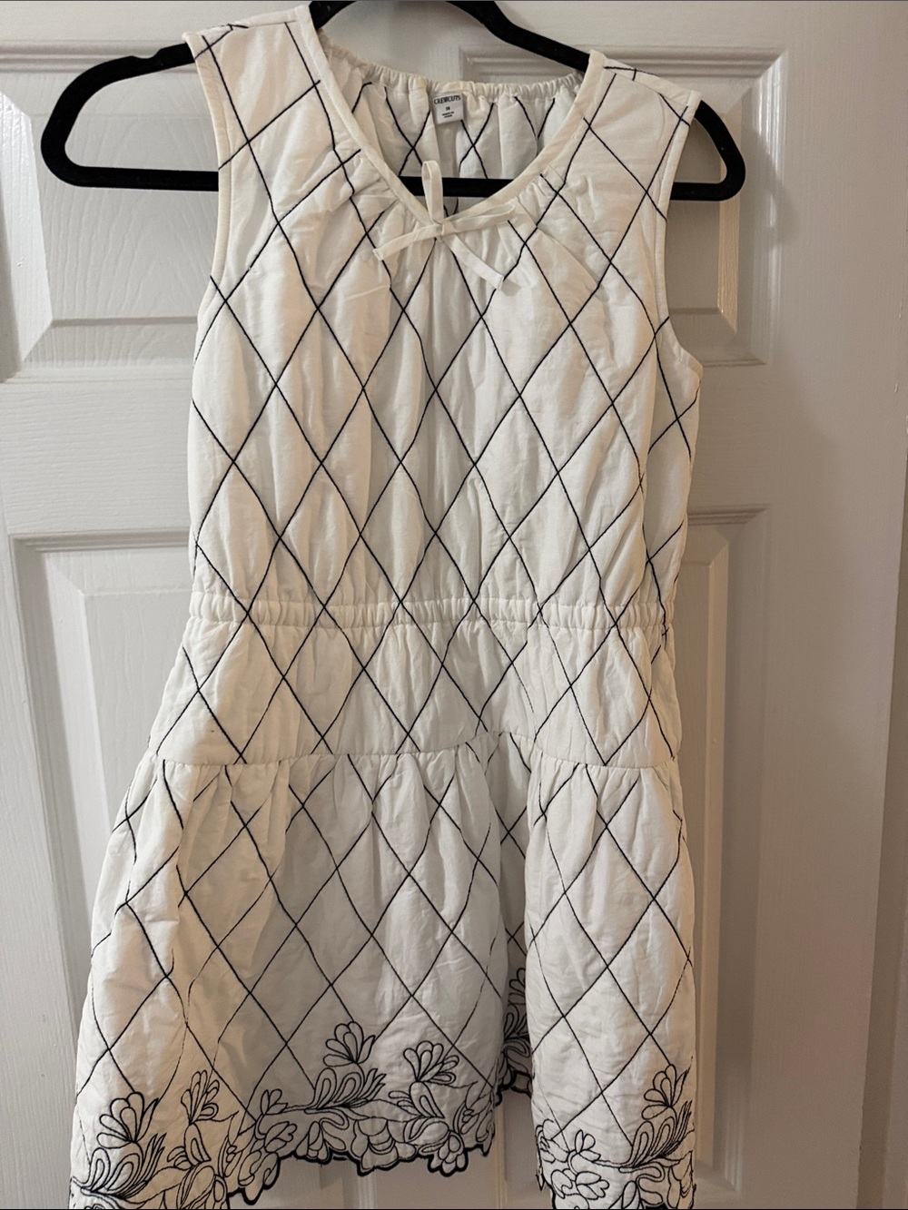 J. Crew White Dress with Black Diamond Grid and Floral Hem